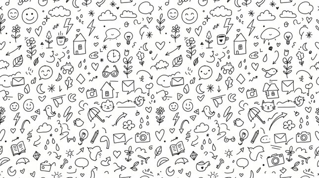 Seamless hand drawn black and white doodle pattern featuring various tiny icons and symbols.