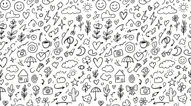 Black and white seamless doodle pattern featuring hand drawn lifestyle icons and cute elements.