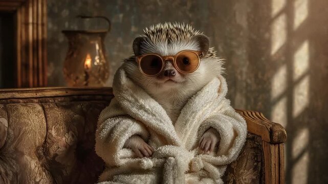 Hedgehog wrapped in a bathrobe with amusing sunglasses sitting on an elegant sofa soft lighting focused texture whimsical interior scene