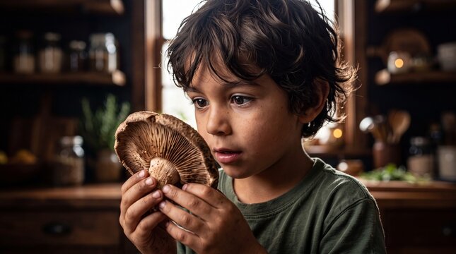 Sensory Discovery: Young Hispanic Boy with Earthy Gourmet Mushroom