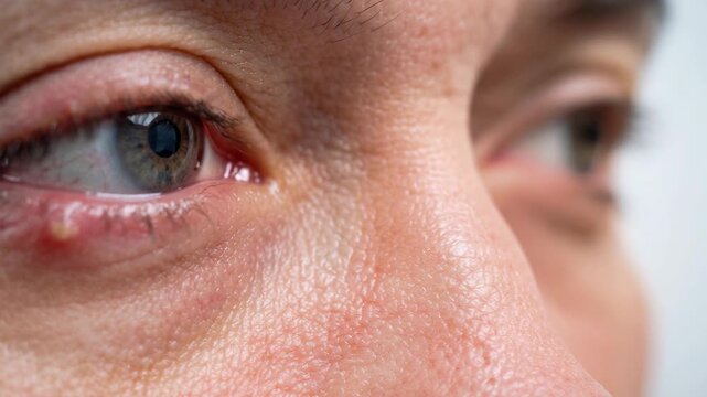 A person shows their irritated eye in a clinic. The close-up shots show details of the eye and the redness. This looks like an allergy or irritation issue