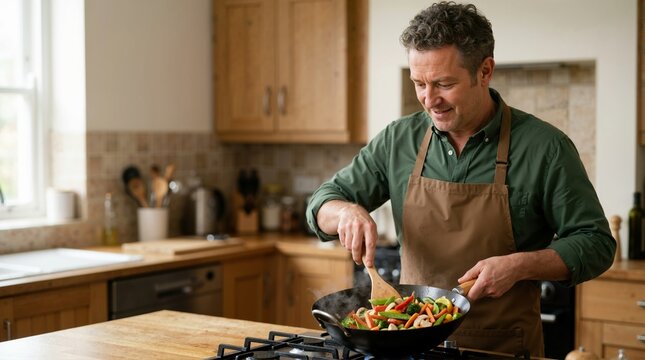 Man cooking a fresh vegetable stir fry in a wok on a kitchen stove. Male chef stirring healthy ingredients with a wooden spatula