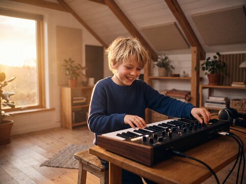 Young Electronic Music Discovery: Scandinavian Boy with Synthesizer