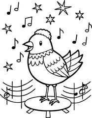 Fototapeta premium Cute singing bird on a stage with musical notes and stars