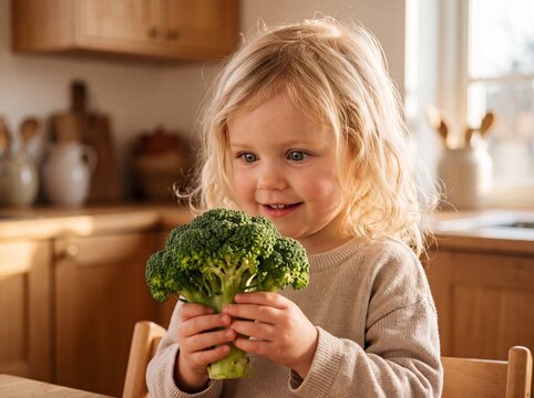 Pure Wonder: Scandinavian Toddler Exploring Fresh Broccoli