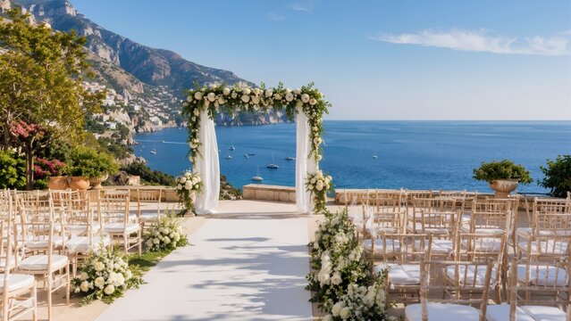Outdoor wedding ceremony setup on a coastal Mediterranean terrace. Floral arch and wooden chairs overlooking the ocean. Destination wedding venue decor concept