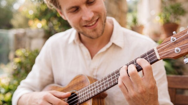 Authentic Melodic Joy: Close-Up of Young Scandinavian Man with Ukulele