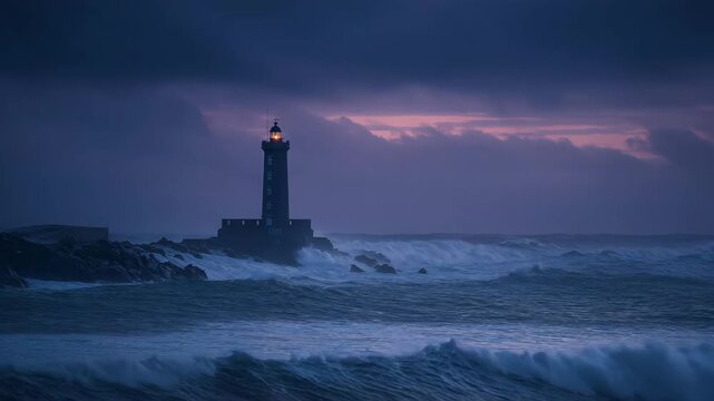 Lighthouse surrounded by crashing waves at twilight subtle beacon glow controlled low light exposure sharp textures moody seascape cinematic realism