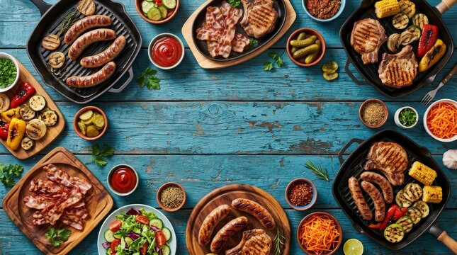 Assorted grilled food and sausages served on a blue wooden table.