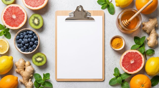 Top view of a clipboard surrounded by healthy fruits and vegetables for immunity boosting.