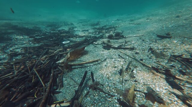 Underwater view of the garbage on the sea bed near the island of Ilha Grande in Brazil