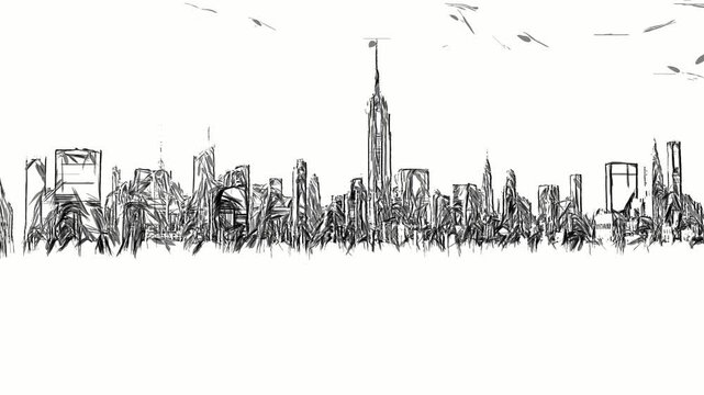 Abstract charcoal sketch animation of New York City skyline revealing detailed urban architecture.