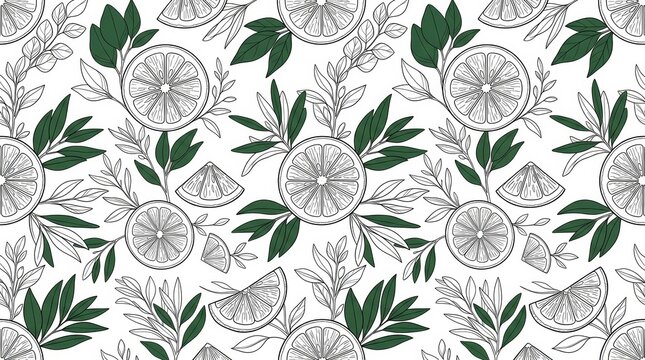 Hand-drawn lemon slice and leaves pattern in line art style.