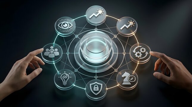 Digital transformation interface featuring interactive business icons and user hands for professional corporate technology strategy