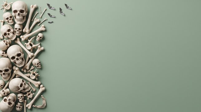 Pile of human bones and skulls against a muted green background with empty space