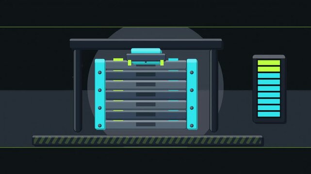 Abstract animated battery cell stacking up drawn as cyan and teal lines and shapes on a deep dark background. Seamless looping 4K motion graphics video with free space for text, ideal for science comm
