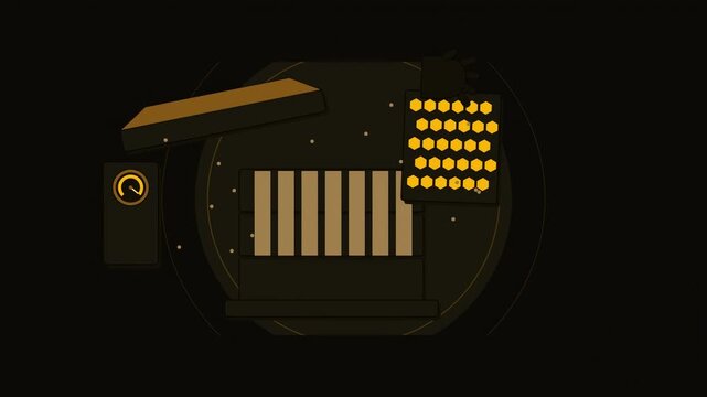 Abstract animated beehive frame lifting drawn as amber and orange lines and shapes on a deep dark background. Seamless looping 4K motion graphics video with free space for text, ideal for industry exp