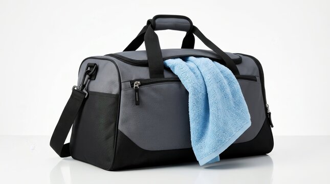 Grey and black duffle bag with a light blue towel inside