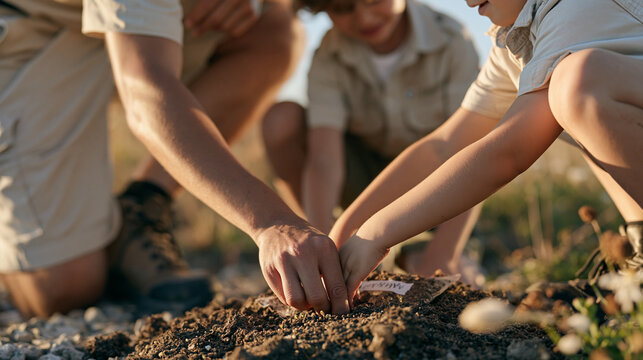 Scout troop leader at golden hour guiding children through a wildflower meadow, close up on small hands pressing seeds into a soil packet labeled with a hopeful name, IVF journey