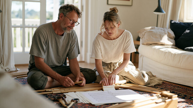 Organ builder couple in a modest home assembling wooden pipe sections across the living room floor, sheet music and tuning forks scattered between them, co-founder tension visible