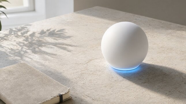 White spherical smart speaker on stone table with natural shadows.