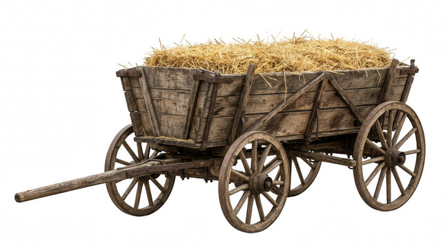 Rustic wooden hay wagon filled with golden straw during daytime isolated on transparent background