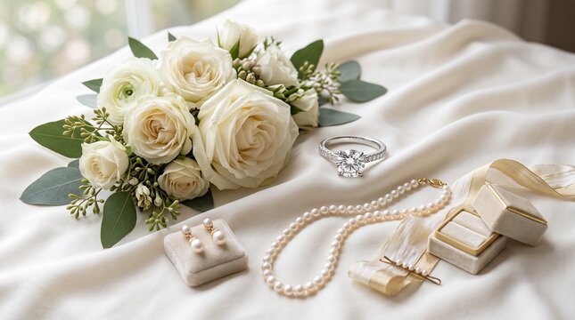 Wedding details including bouquet rings and velvet box on a white fabric background