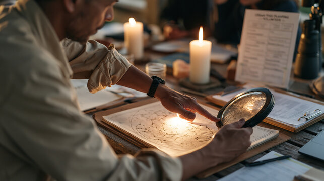 Stargazing guide holds a planisphere disk over a candlelit chart table, arm extended toward a hand drawn constellation map, urban tree planting volunteer schedule visible over his