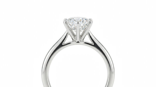 Solitaire diamond engagement ring with platinum band on transparent background