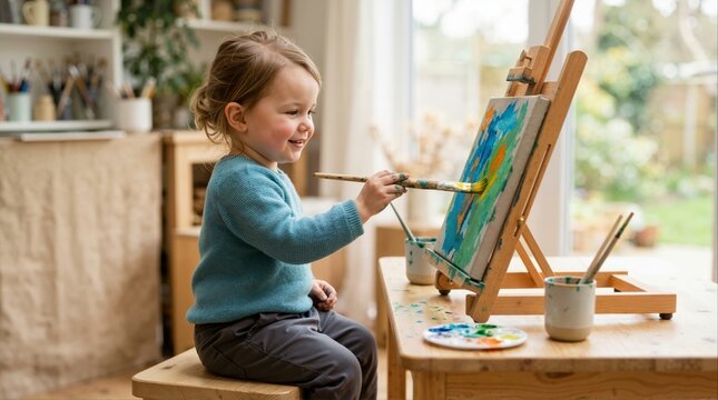 Young child painting on a canvas with a wooden easel. Creative toddler holding a paintbrush in an art studio or home