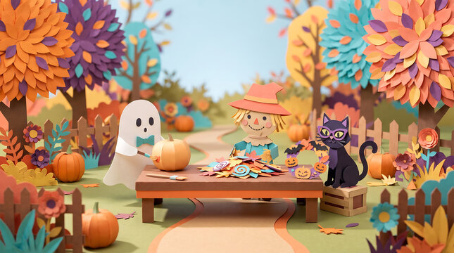 Engaging Halloween Paper Art: Ghost, Scarecrow, and Cat Enjoy Fun Crafting Activities in an Autumnal Garden Scene