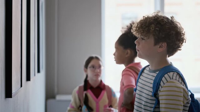 Multiethnic school children with backpacks looking at paintings in art gallery during field trip. Clip is perfect for educational marketing, museum promotions, and cultural learning campaigns