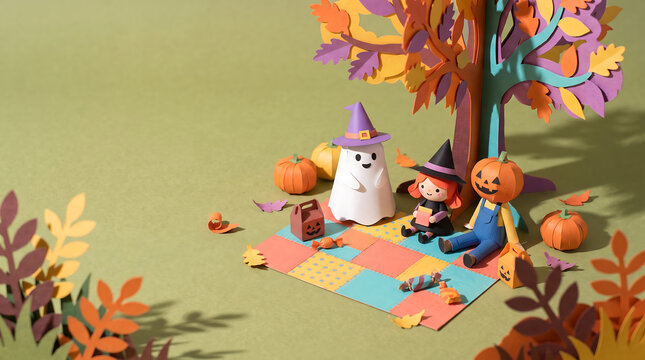 Vibrant paper art fun activities for Halloween: Playful characters enjoy a festive gathering under an autumnal tree.