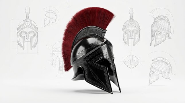 A black and red Spartan helmet with technical blueprint sketches on a white background.