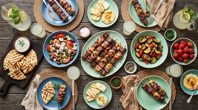 Delicious shish kebab with various grilled vegetables, fresh salad, and lemonade on a wooden table.