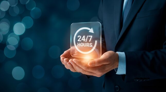 A businessman holding a glowing 24/7 hours icon representing nonstop customer service.