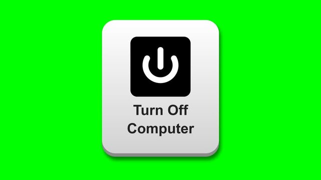 A 2D animation illustrates a minimalist, vertical user interface button labeled 'Turn Off Computer' in stacked text, where the red power symbol switches to black against a green screen background