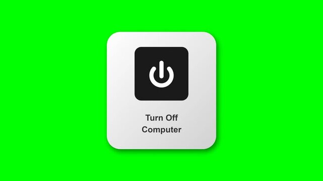 A 2D animation illustrates a minimalist user interface button labeled 'Turn Off Computer,' where the red power symbol switches to black against a green screen background