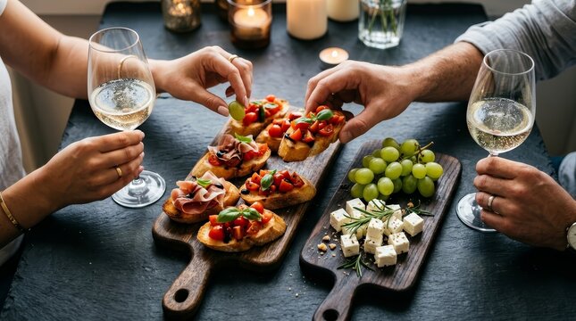 A couple enjoying white wine with delicious snacks and appetizers on wooden boards.