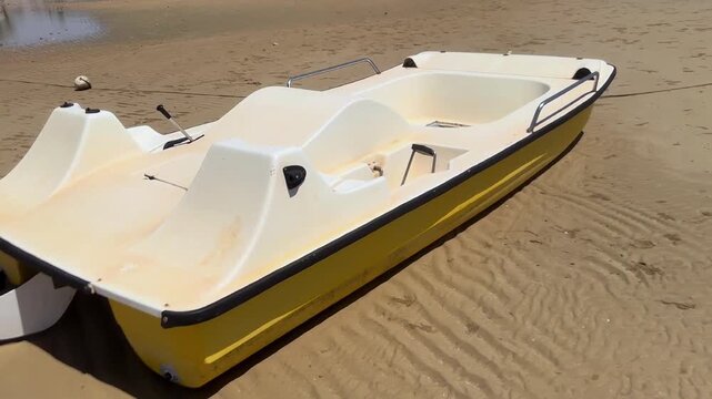 Yellow Pedal Boat on Sandy Beach Near Calm Sea