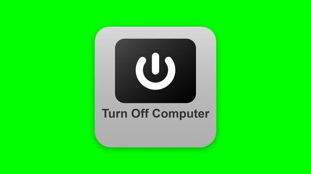 A 2D animation displays a minimalist user interface button reading 'Turn Off Computer' with a power icon that changes color from red to black against a green screen background