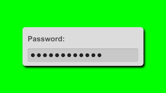 A 2D flat-design animation with a drop shadow effect shows a user interface password input field where black dots appear sequentially, simulating a user typing a hidden password against a green screen