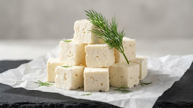 Freshly sliced feta cheese cubes with dill garnish on a dark surface.