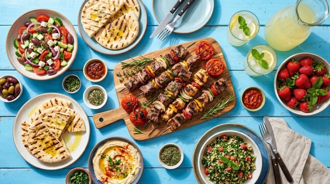 Delicious shish kebab with various grilled vegetables, fresh salad, and lemonade on a blue table.