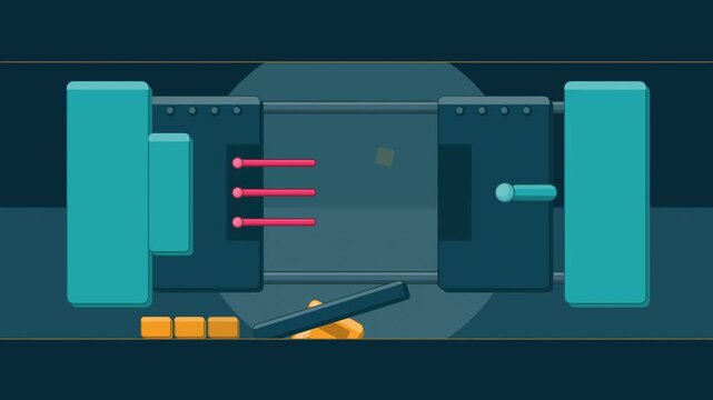 Abstract animated injection mould ejection drawn as cyan and teal lines and shapes on a deep dark background. Seamless looping 4K motion graphics video with free space for text, ideal for industry exp