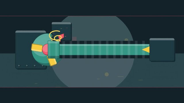 Abstract animated CNC lathe turning drawn as cyan and teal lines and shapes on a deep dark background. Seamless looping 4K motion graphics video with free space for text, ideal for industry explainers