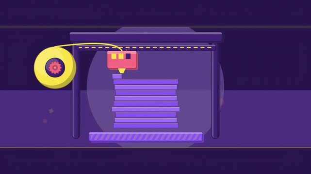 Abstract animated 3D printer layer depositing material drawn as violet and blue lines and shapes on a deep dark background. Seamless looping 4K motion graphics video with free space for text, ideal fo