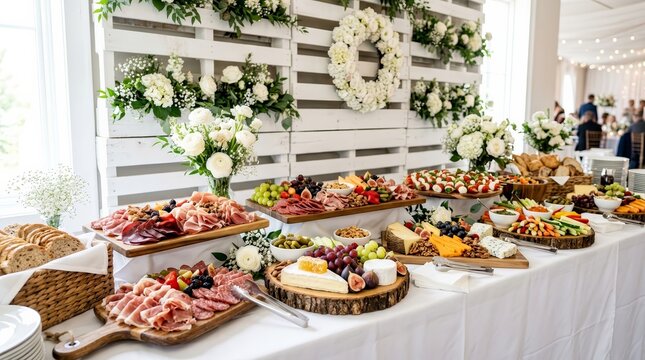 Wedding buffet featuring meat, cheese, and various snacks.