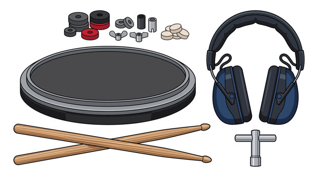 Illustration of a drum practice pad with wooden sticks and protective headphones.