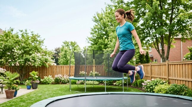 Smiling young woman jumping high on a backyard trampoline. Female practicing exercise and outdoor fitness at home